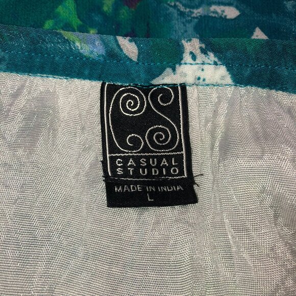 MIDI FLARED BLUE GREEN SKIRT SZ L CASUAL STUDIOS LINED MADE IN INDIA WOMENS - Picture 5 of 6